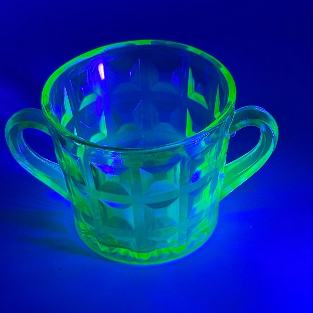 Vintage Uranium Glass Sugar Bowl Block Optic Green Depression Vaseline Glass